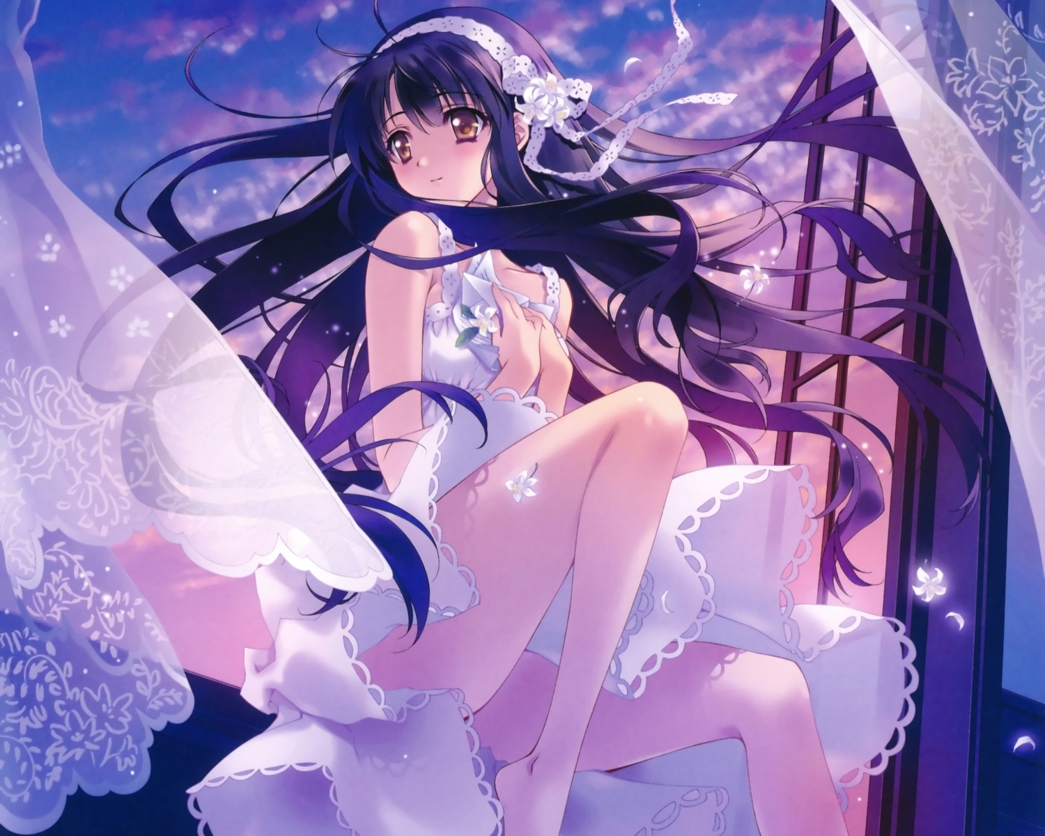 barefoot, black_hair, carnelian, cropped, dress, kao_no_nai_tsuki, kuraki_mizuna, scan, yellow_eyes