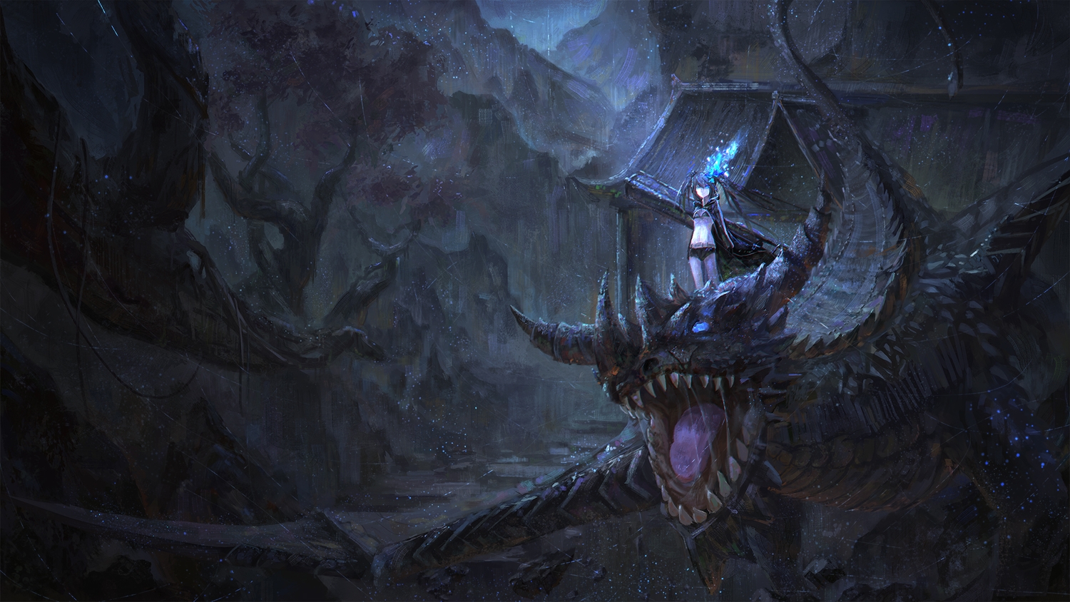 aliasing, aqua_eyes, bikini_top, black_hair, black_rock_shooter, dragon, kuroi_mato, shorts, tianya_beiming, twintails