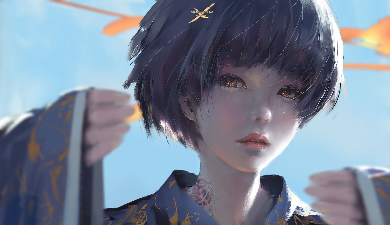 black_hair, brown_eyes, chinese_clothes, ghostblade, jade_(ghostblade), jpeg_artifacts, realistic, short_hair, tattoo, wlop