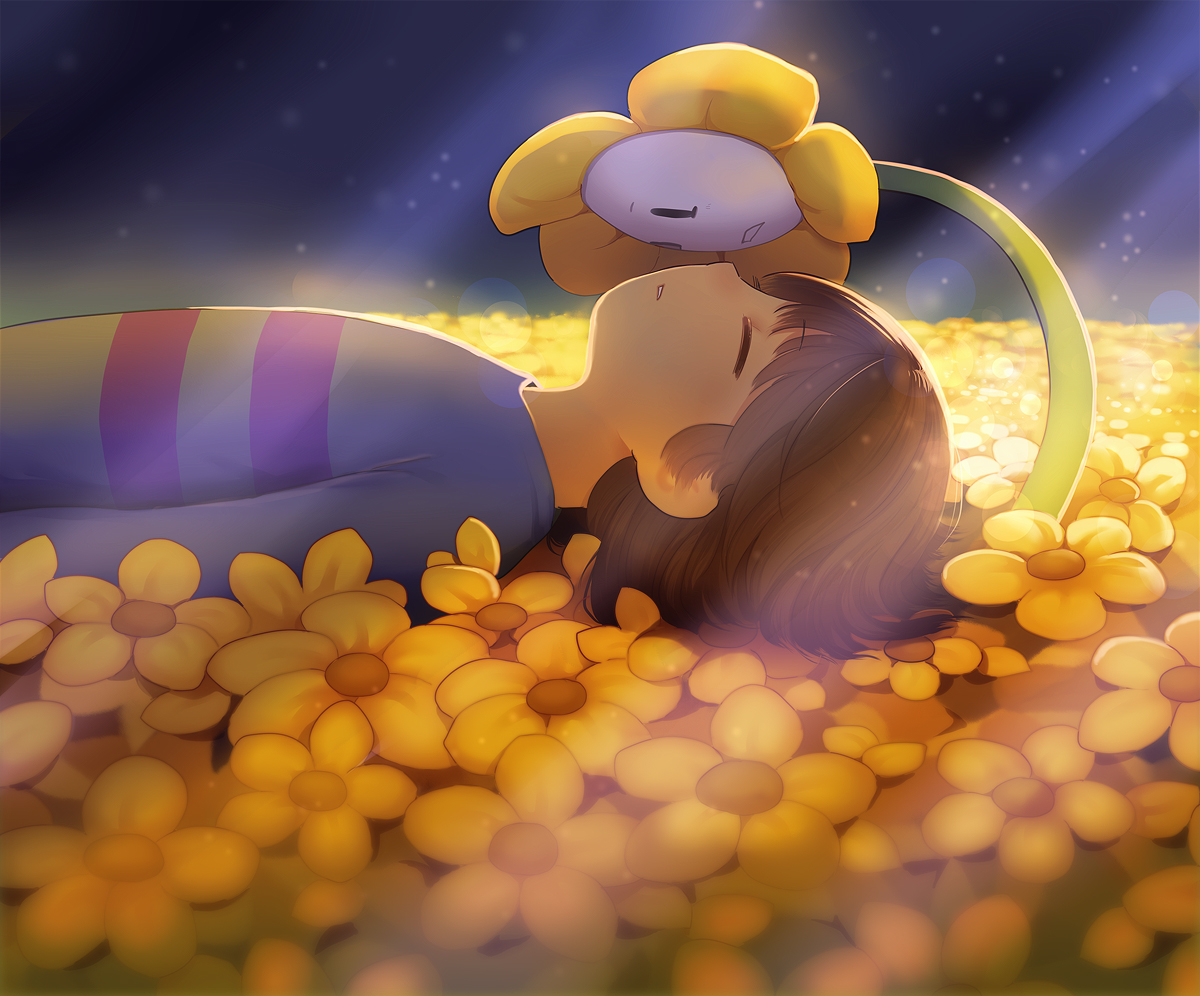 brown_hair, flowers, flowey_(undertale), frisk_(undertale), moo, short_hair, sleeping, undertale