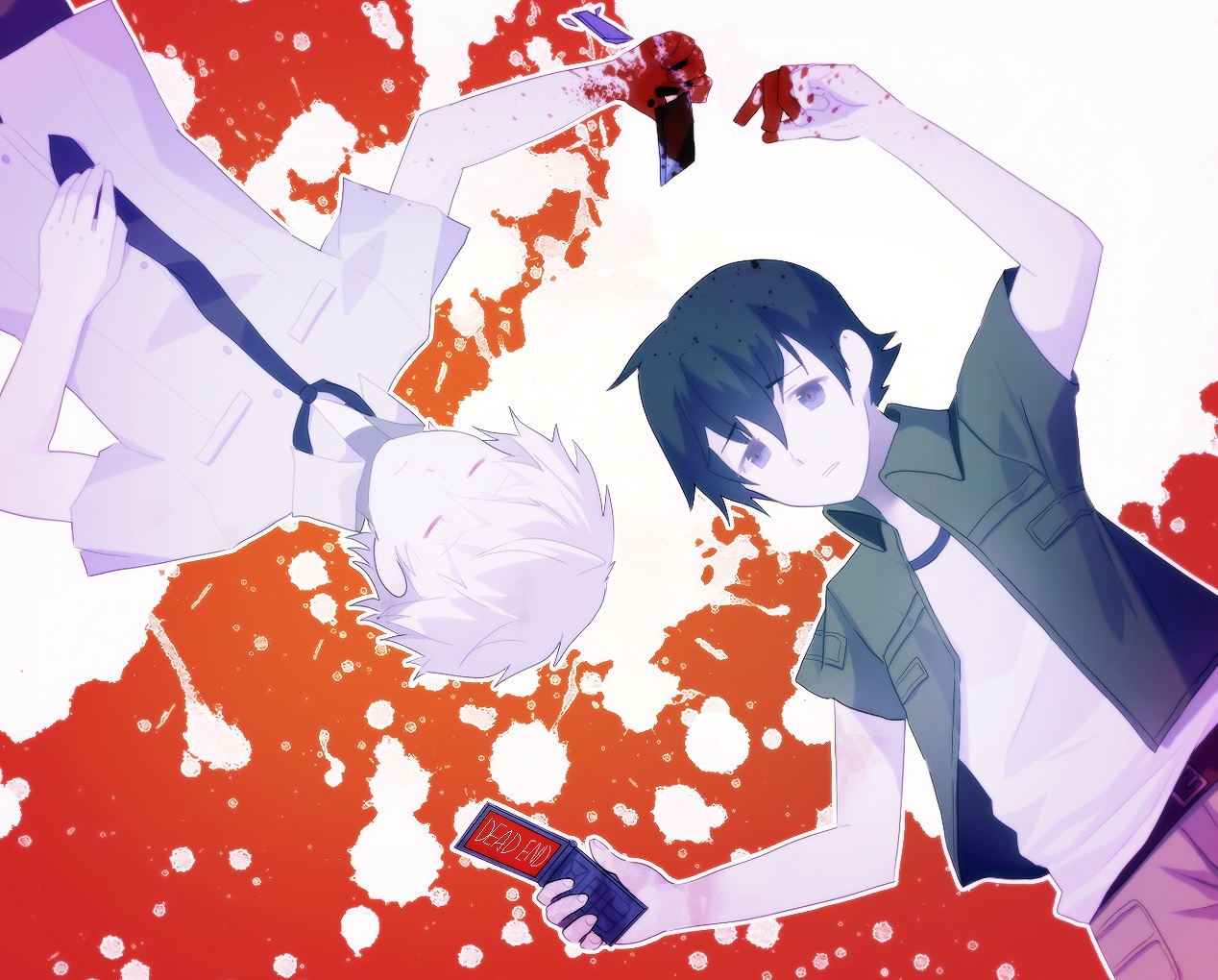 akise_aru, aliasing, all_male, amano_yukiteru, black_hair, blood, gray_eyes, male