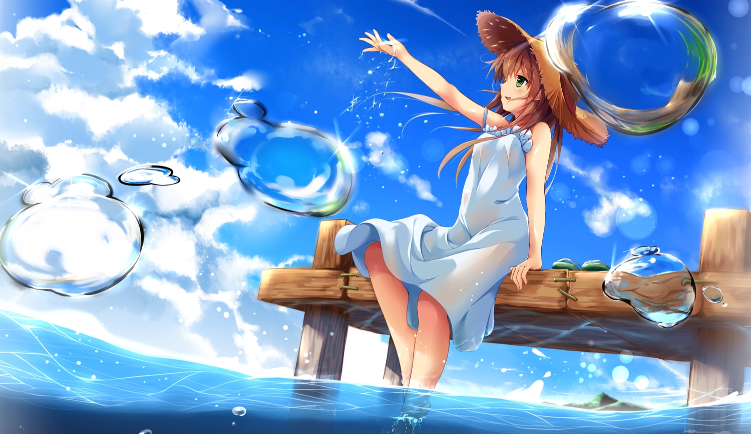 beach, dress, hat, original, ryuuguu_yassuu, summer, summer_dress, third-party_edit, wet