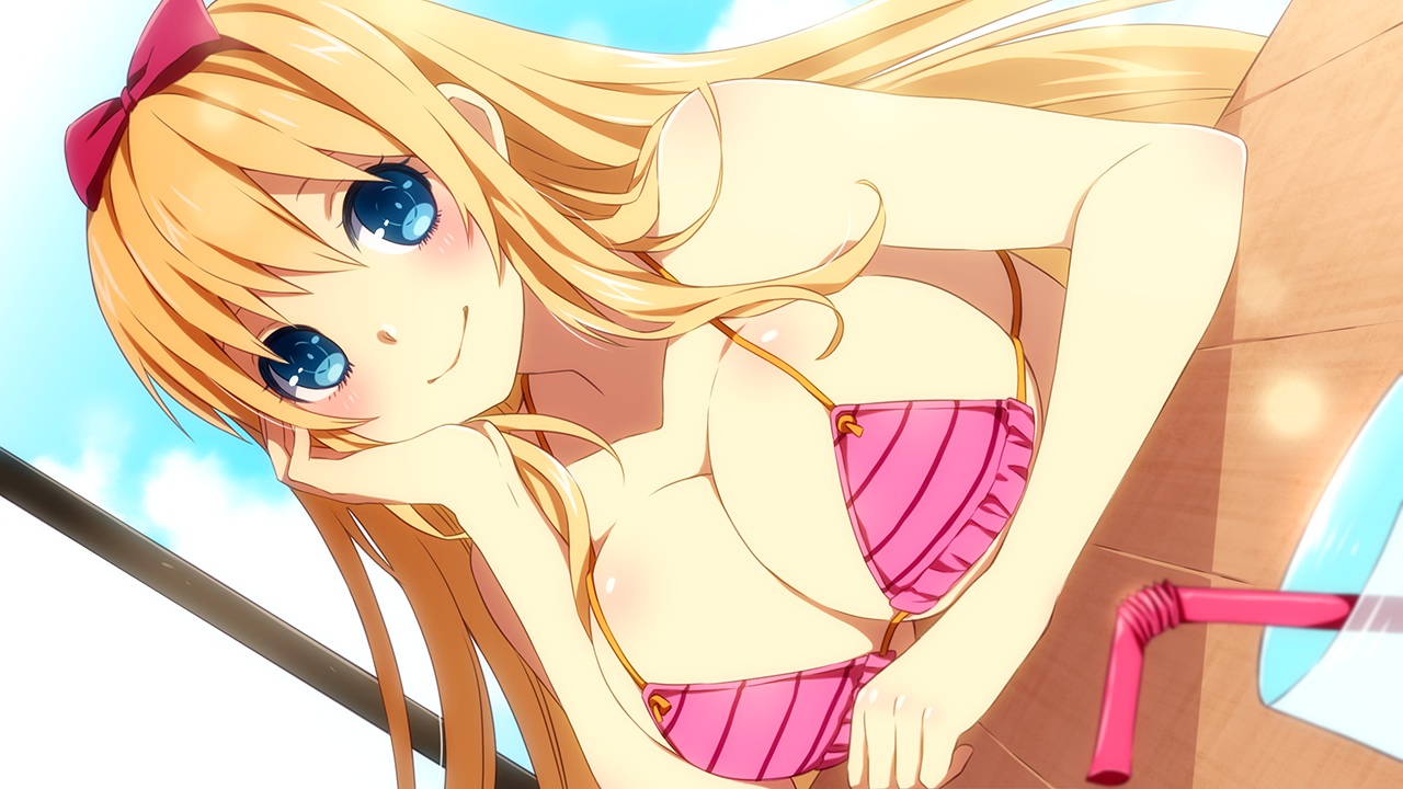 bikini, blonde_hair, blue_eyes, bow, breasts, cleavage, clouds, drink