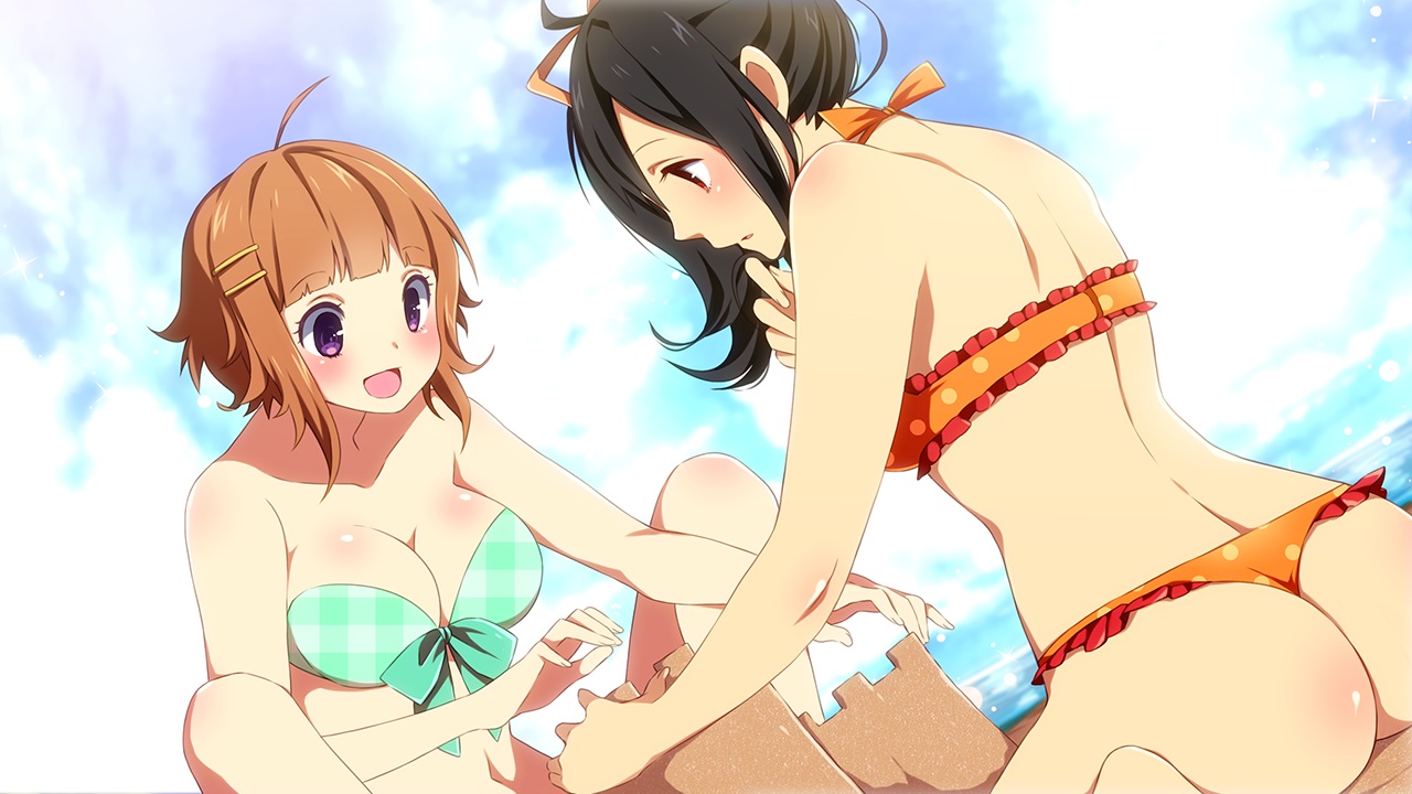 2girls, ass, ayumi_(sakura_beach), beach, bikini, black_hair, breasts, brown_hair