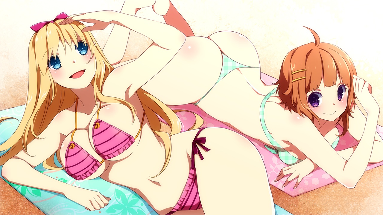 2girls, ass, beach, bikini, blonde_hair, blue_eyes, blush, bow