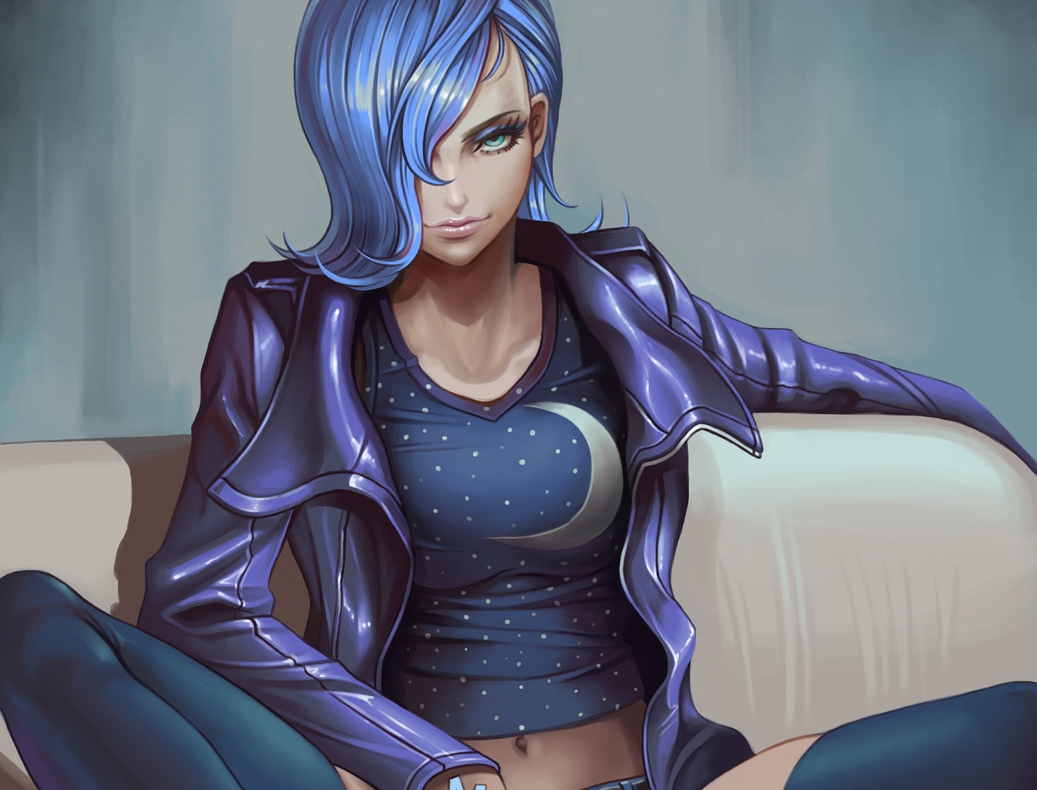 anthropomorphism, aqua_eyes, blue_hair, cropped, dantewontdie, my_little_pony, my_little_pony:_friendship_is_magic, navel, princess_luna, realistic, short_hair, thighhighs