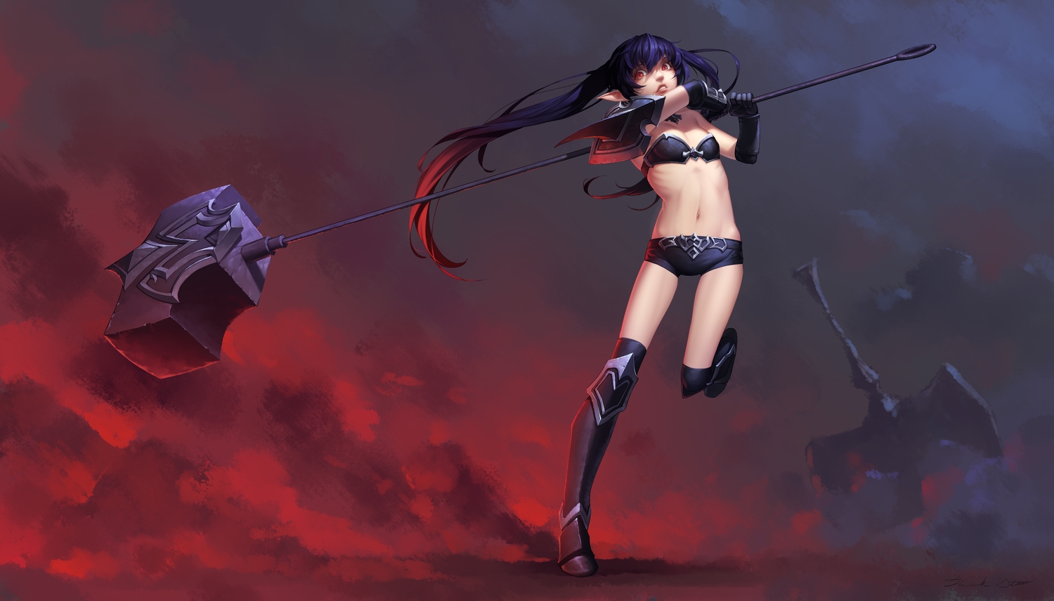 aliasing, armor, black_hair, boots, daye_bie_qia_lian, kneehighs, league_of_legends, long_hair, navel, pointed_ears, poppy_(league_of_legends), red_eyes, shorts, twintails, weapon