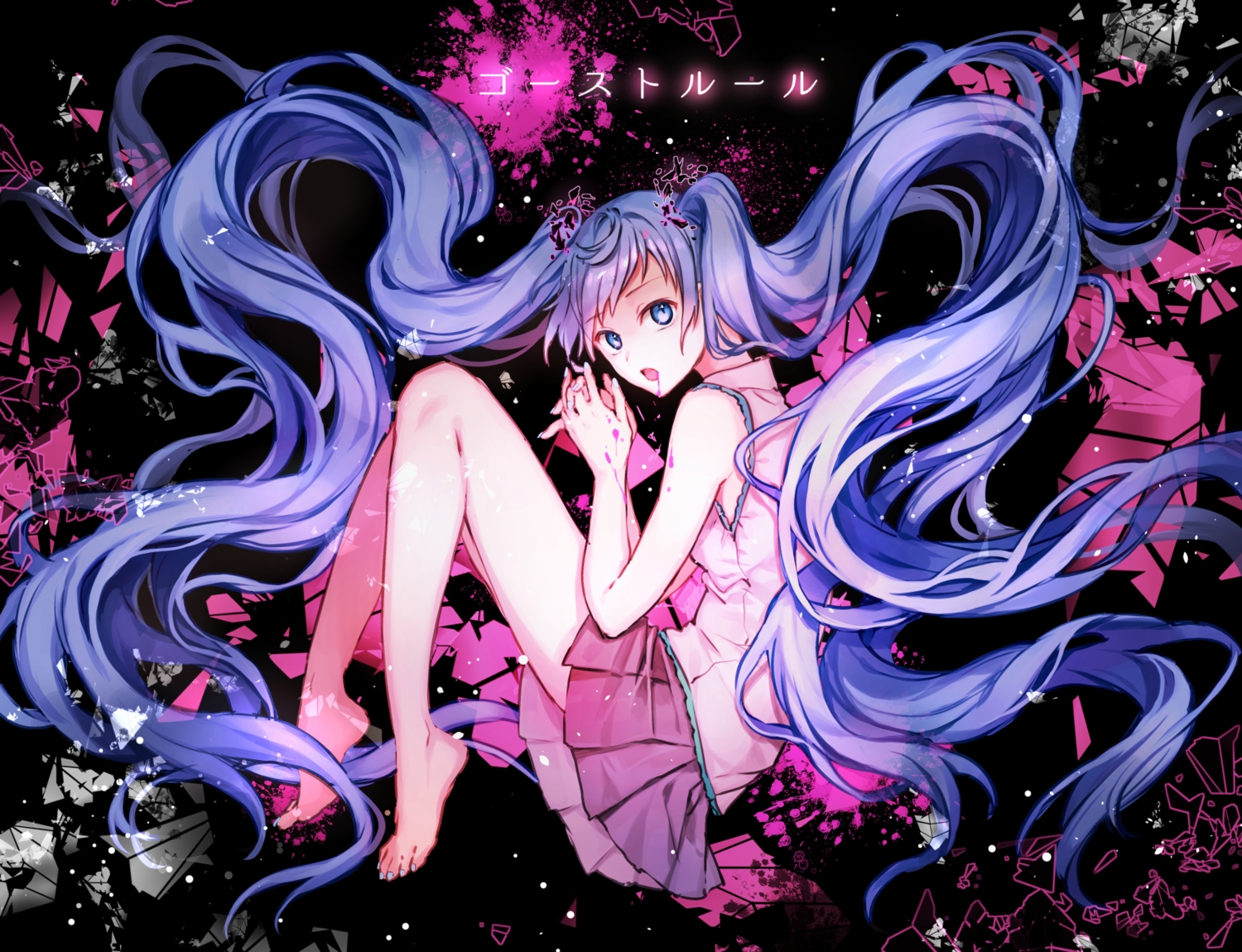 barefoot, blue_eyes, blue_hair, ghost_rule_(vocaloid), hatsune_miku, long_hair, polychromatic, rakugakiii