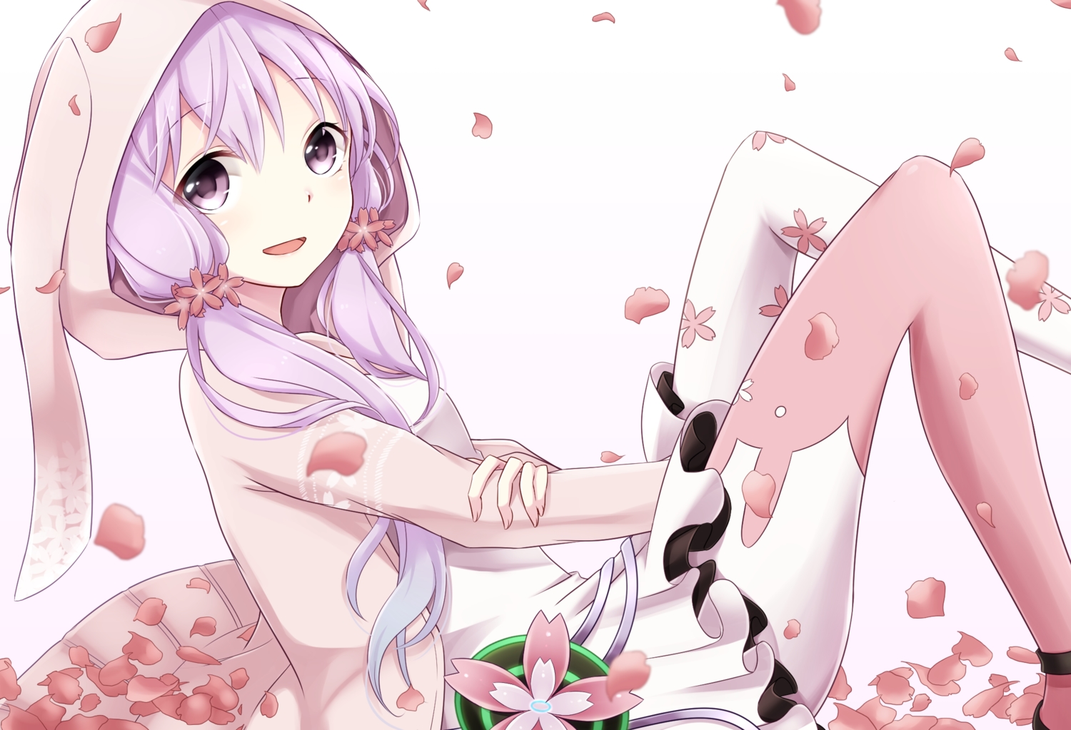 hood, long_hair, petals, purple_eyes, purple_hair, thighhighs, twintails, vocaloid