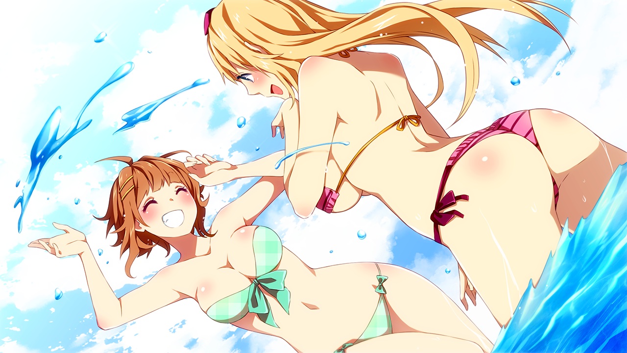 2girls, ass, bikini, blonde_hair, blue_eyes, blush, breasts, brown_hair, cleavage, clouds, game_cg, headband, inma, long_hair, momoko_(sakura_beach), navel, nene_(sakura_beach), sakura_beach_2, short_hair, sideboob, sky, swimsuit, underboob, water, winged_cloud