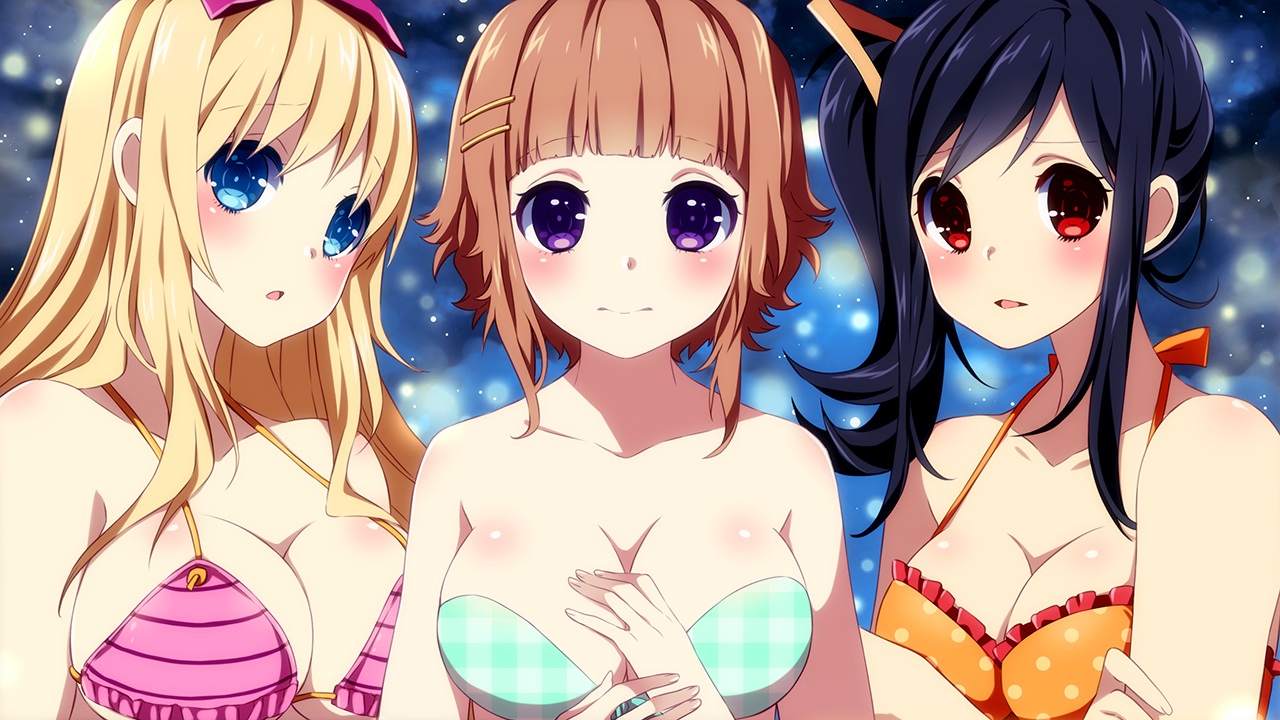 ayumi_(sakura_beach), bikini, black_hair, blonde_hair, blue_eyes, breasts, brown_hair, cleavage