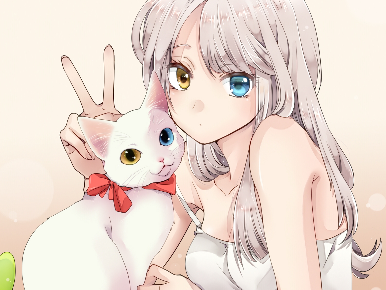 animal, bicolored_eyes, bow, breasts, cat, cleavage, cropped, gray_hair, long_hair, mihara_youzora, original, ribbons