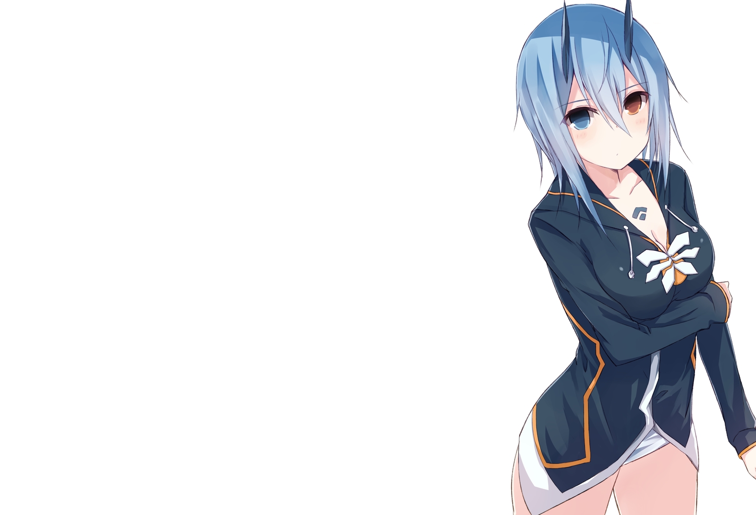 bicolored_eyes, blue_hair, breasts, cleavage, hood, horns, io_(pso2), kurebayashi_noe