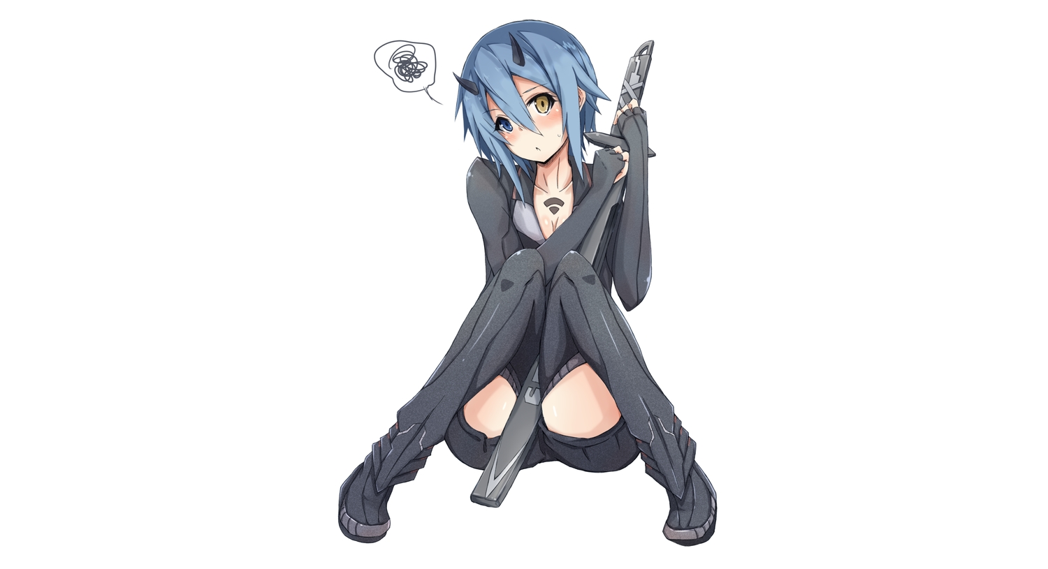 bicolored_eyes, blue_hair, blush, boots, breasts, cleavage, gloves, horns