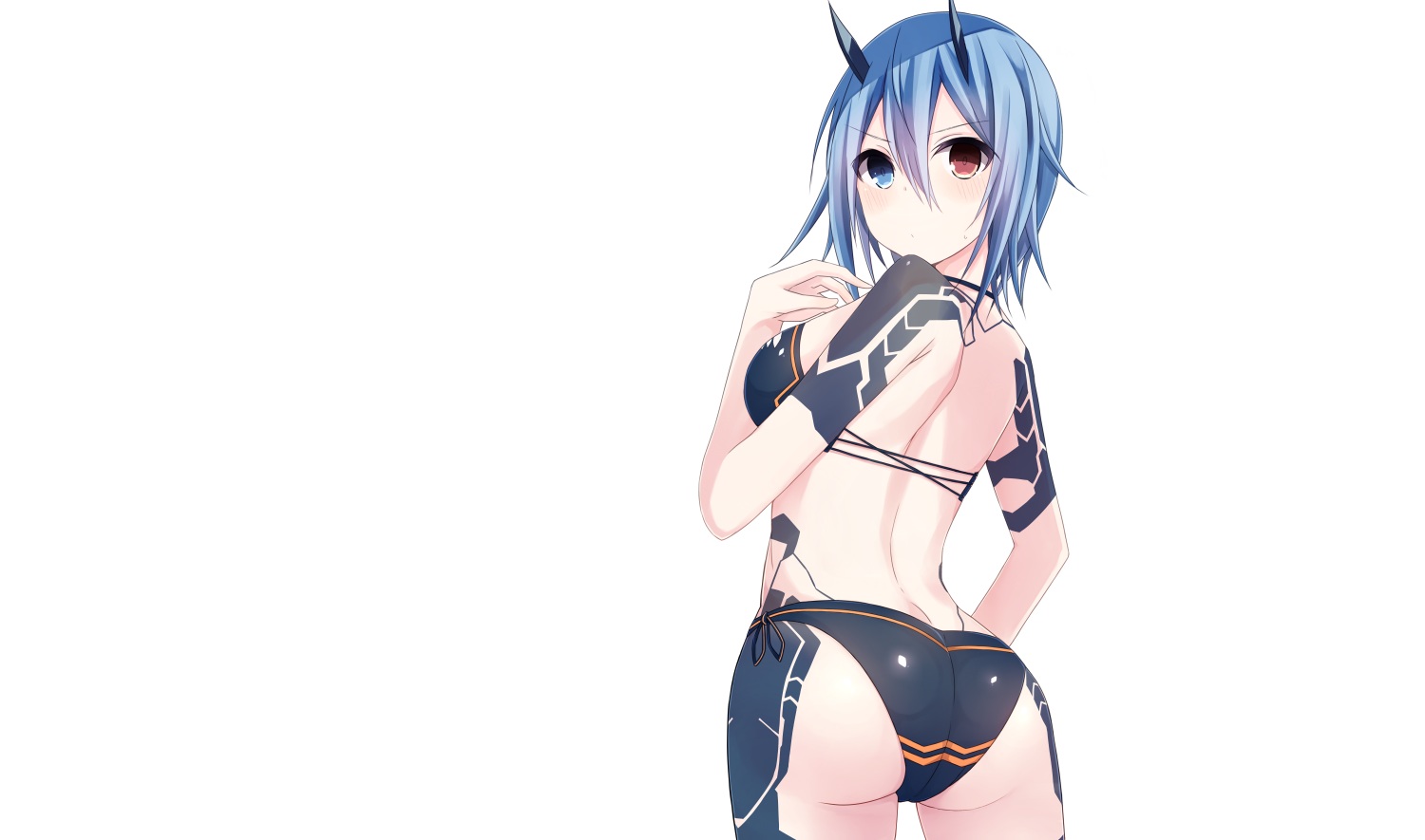 aliasing, ass, bicolored_eyes, bikini, blue_hair, blush, horns, io_(pso2), kurebayashi_noe, phantasy_star, phantasy_star_online, phantasy_star_online_2, short_hair, swimsuit, tattoo, white