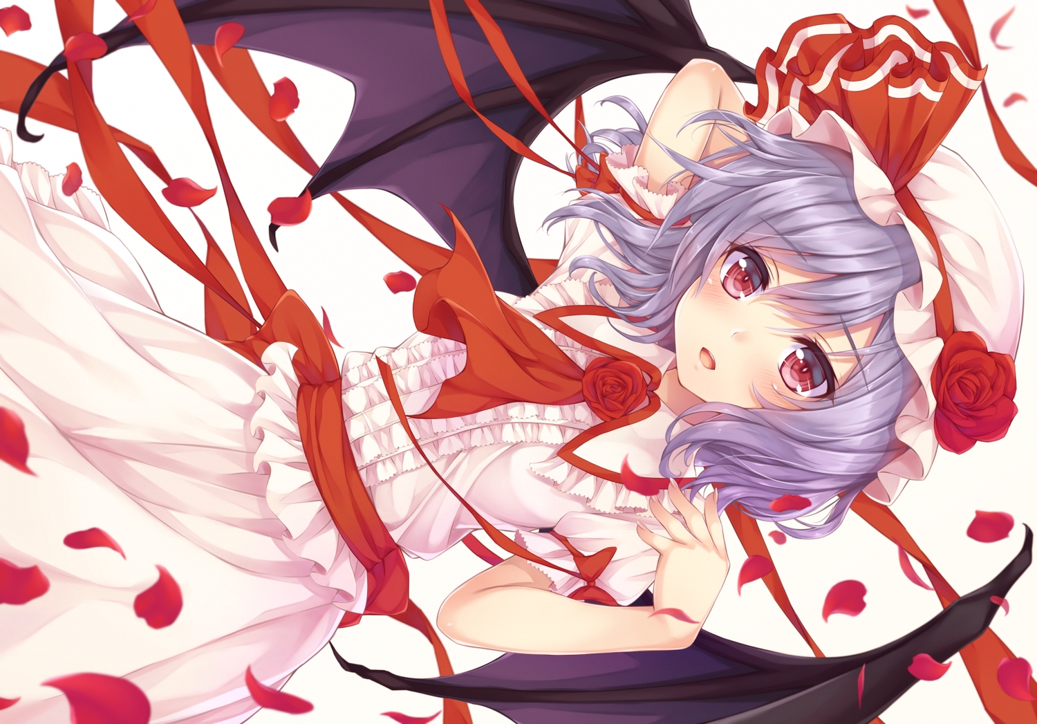 blush, dress, hat, kitou_kaitai, petals, purple_hair, red_eyes, remilia_scarlet, ribbons, short_hair, touhou, vampire, wings