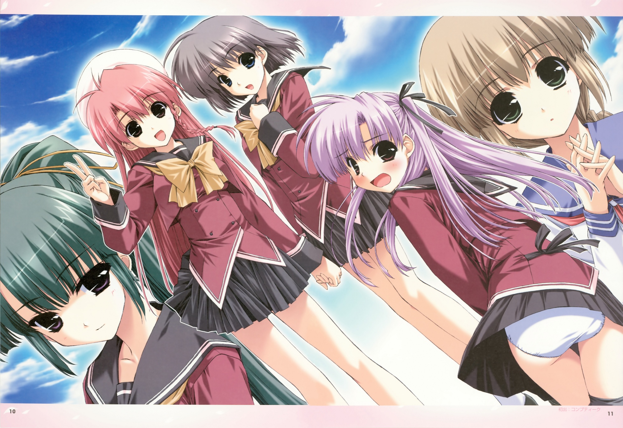 boy_meets_girl, green_hair, kasugano_haruna, kumotani_chizuru, panties, purple_hair, school_uniform, shingyouji_mao, shintaro, souma_nanami, thighhighs, tsubasa_miu, underwear