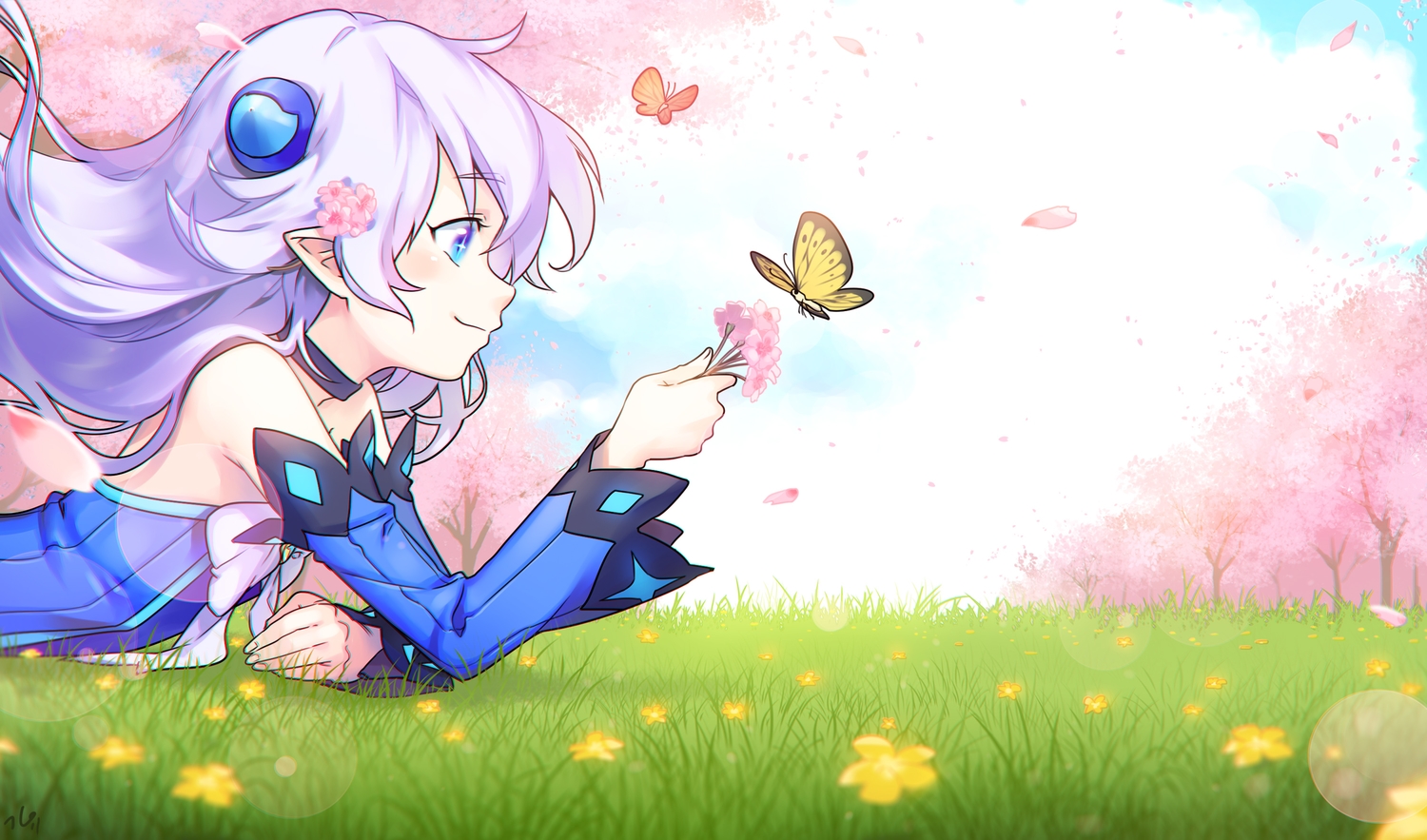 aqua_eyes, bow, butterfly, cherry_blossoms, elsword, flowers, ginyu, long_hair, lu_(elsword), pointed_ears, white_hair