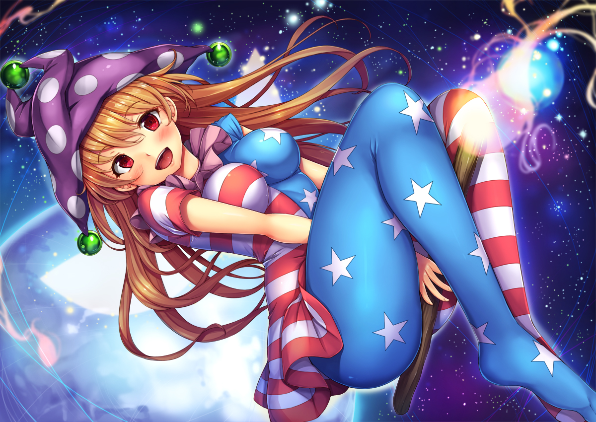 ass, blonde_hair, blush, breasts, clownpiece, fairy, hat, pantyhose, red_eyes, skintight, snowcanvas, stars, touhou, wings