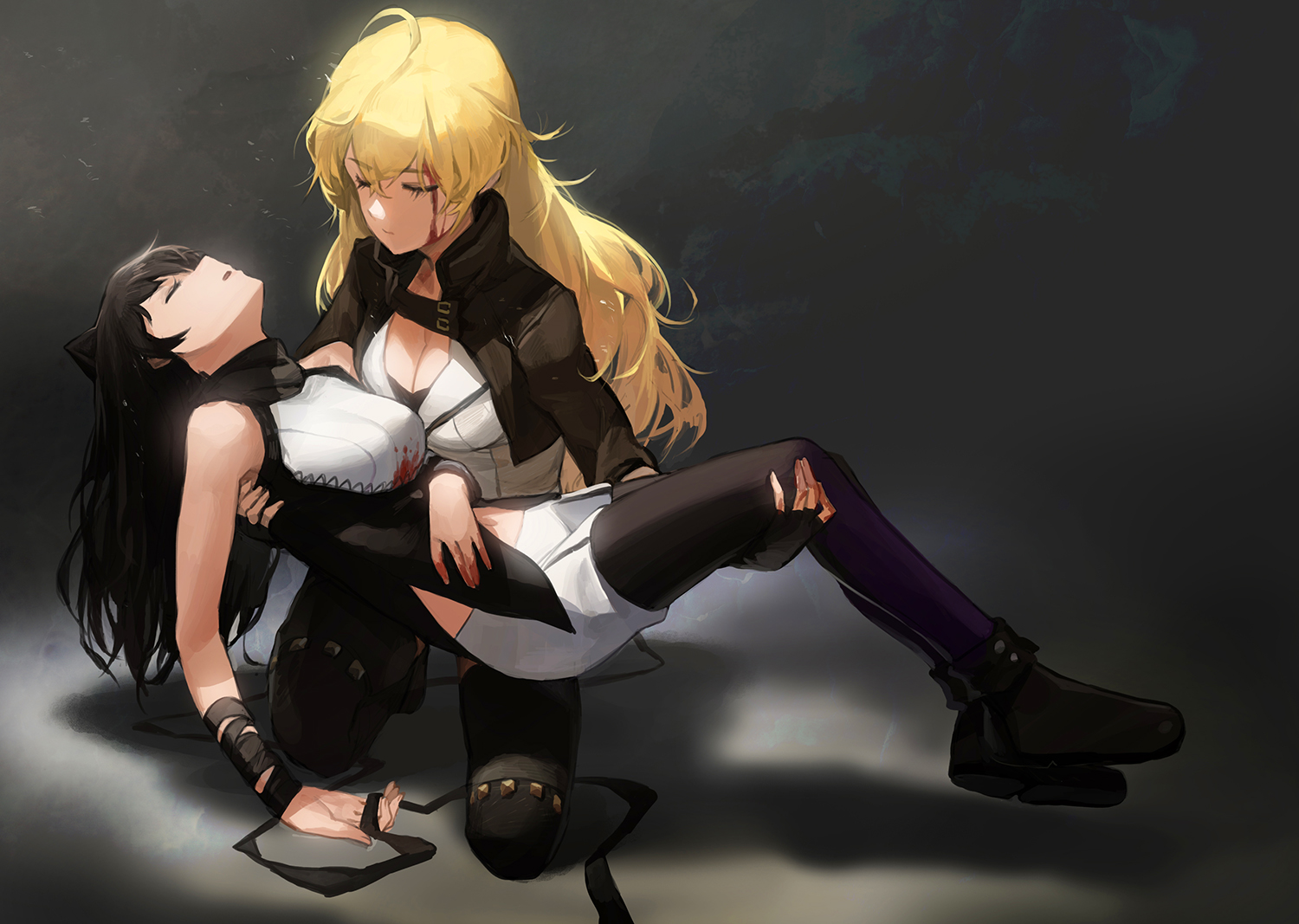 2girls, black_hair, blake_belladonna, blonde_hair, blood, breasts, cleavage, long_hair