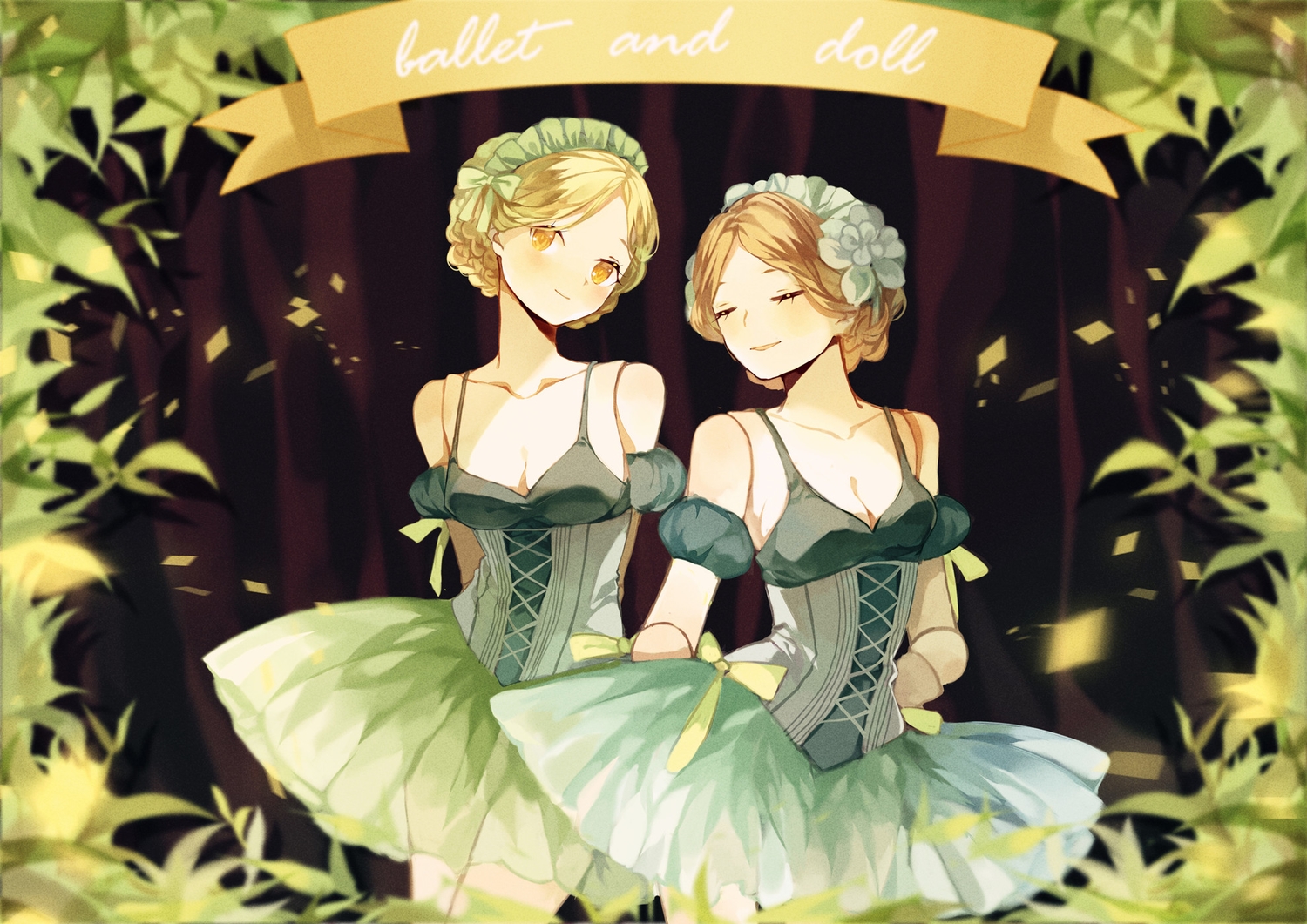 2girls, breasts, cleavage, dress, headband, jpeg_artifacts, koyuiko, original