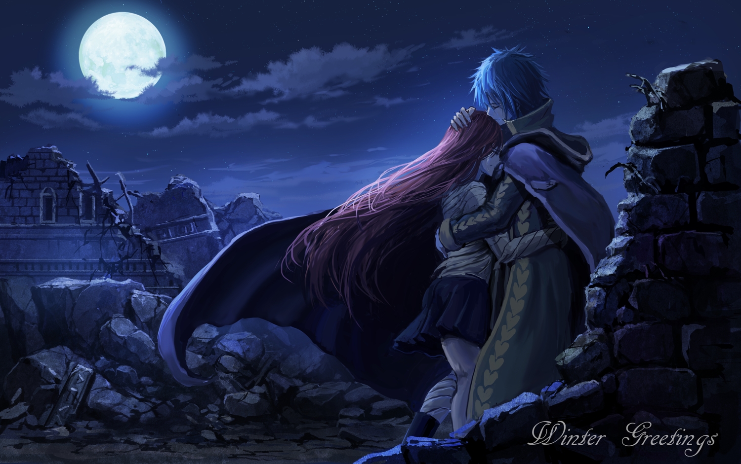 blue, blue_hair, cape, clouds, erza_scarlet, fairy_tail, hug, jellal_fernandes