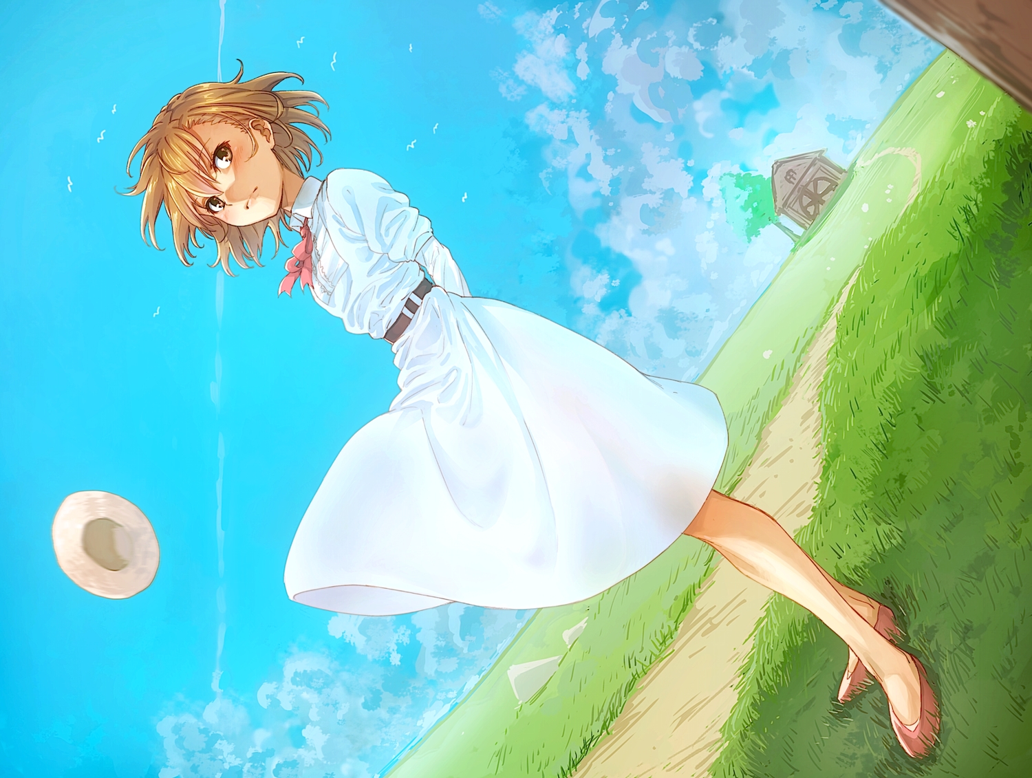 brown_hair, clouds, grass, hat, isshi_pyuma, misaka_mikoto, short_hair, skirt