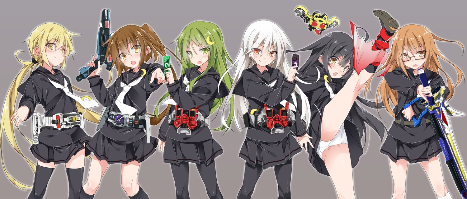 aliasing, anthropomorphism, fumizuki_(kancolle), glasses, gun, kamen_rider, kantai_collection, kikuzuki_(kancolle)