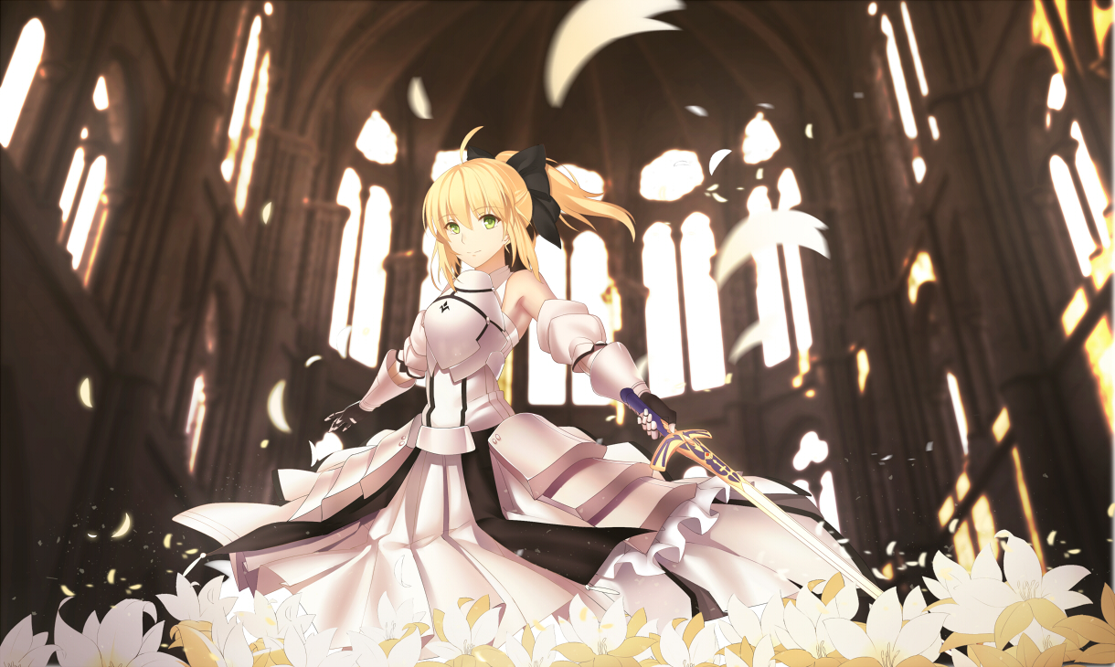 armor, artoria_pendragon_(all), blonde_hair, bow, fate_(series), fate/unlimited_codes, flowers, petals