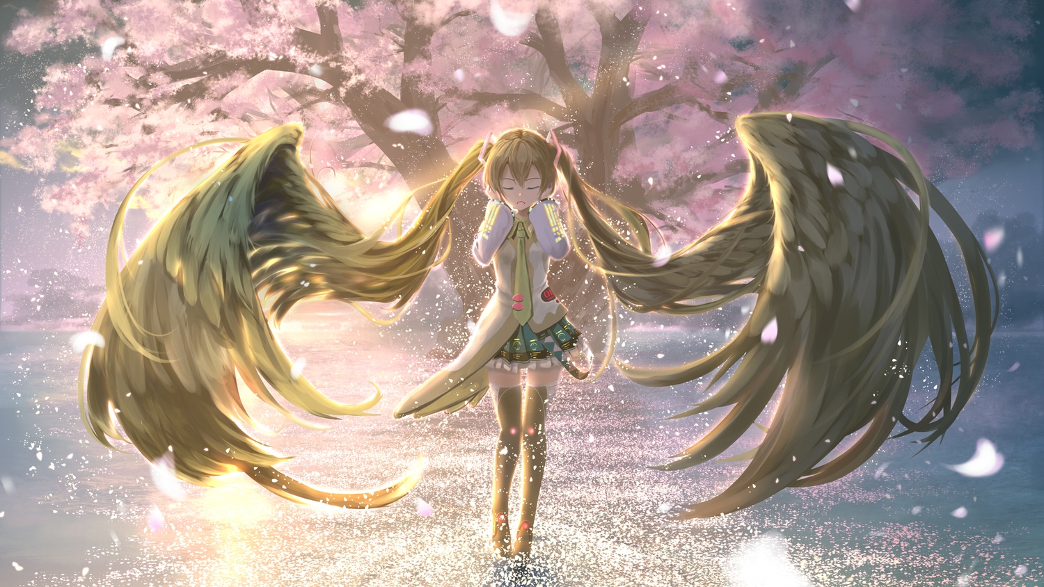 cherry_blossoms, flowers, green_hair, hatsune_miku, kouji_(astral_reverie), long_hair, petals, skirt