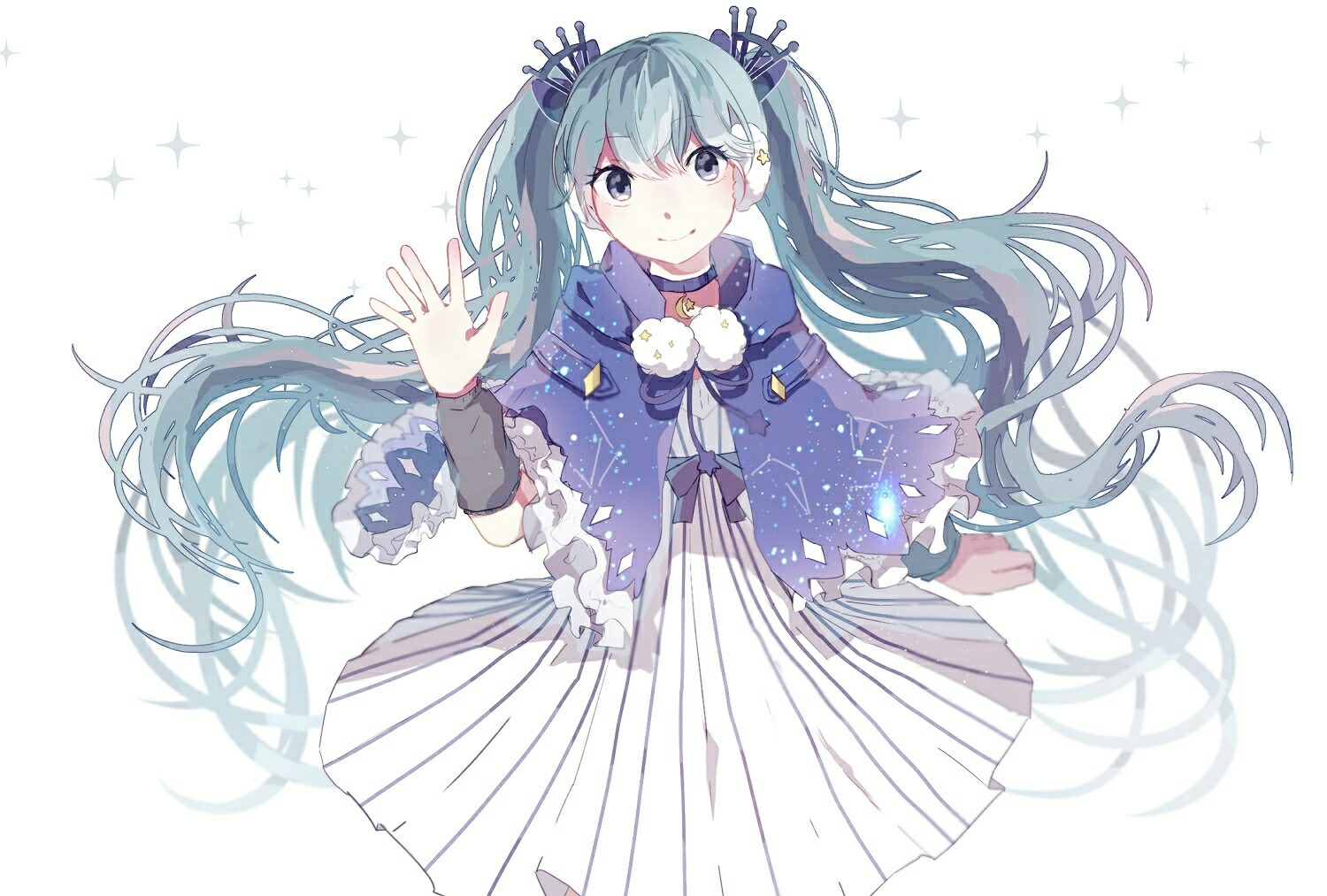 aliasing, blue, cape, choker, danjou_sora, dress, fuyu_no_yoru_miku, hatsune_miku