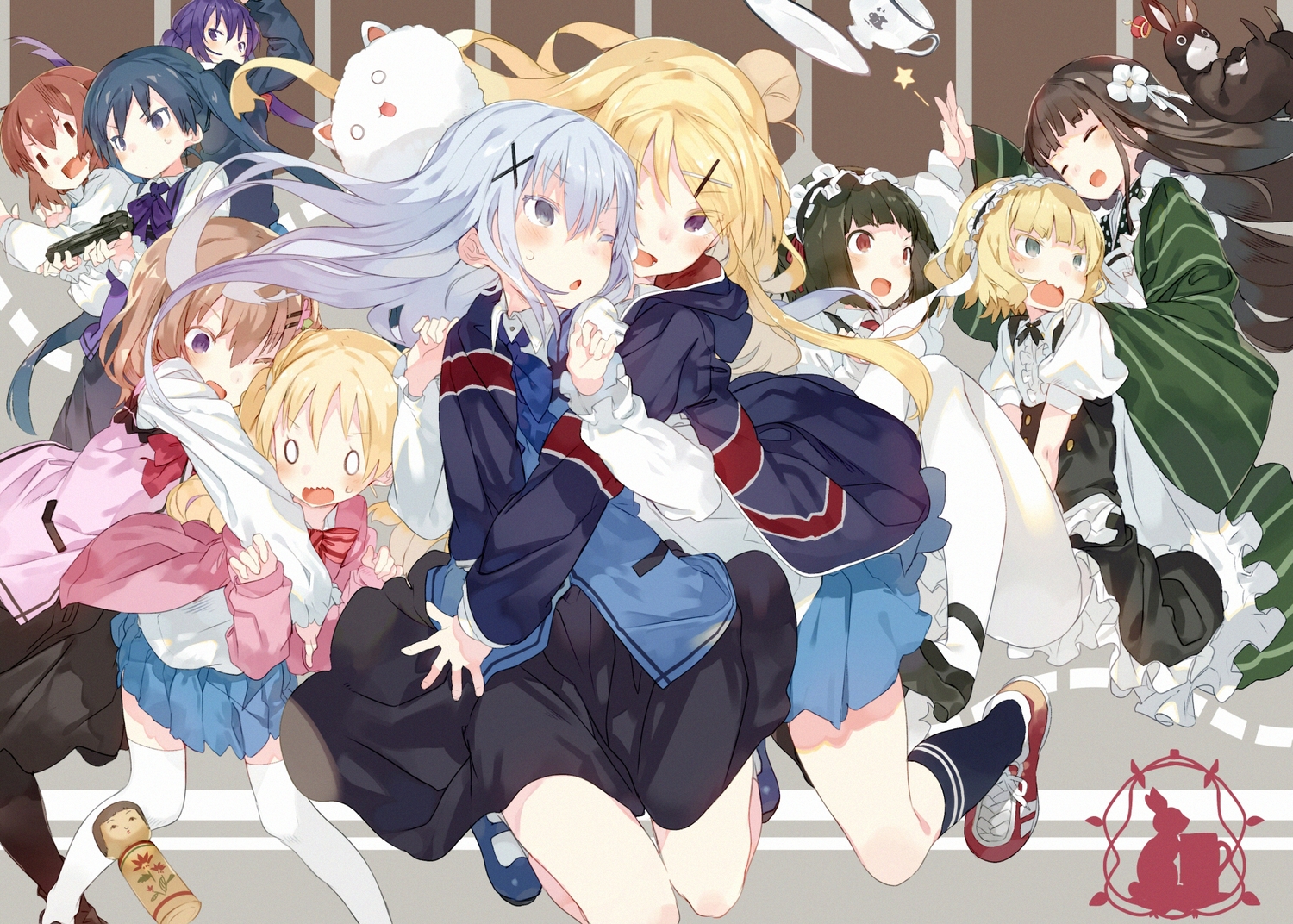 alice_cartelet, animal, anko_(gochiusa), black_hair, blonde_hair, blue_eyes, blue_hair, brown_hair