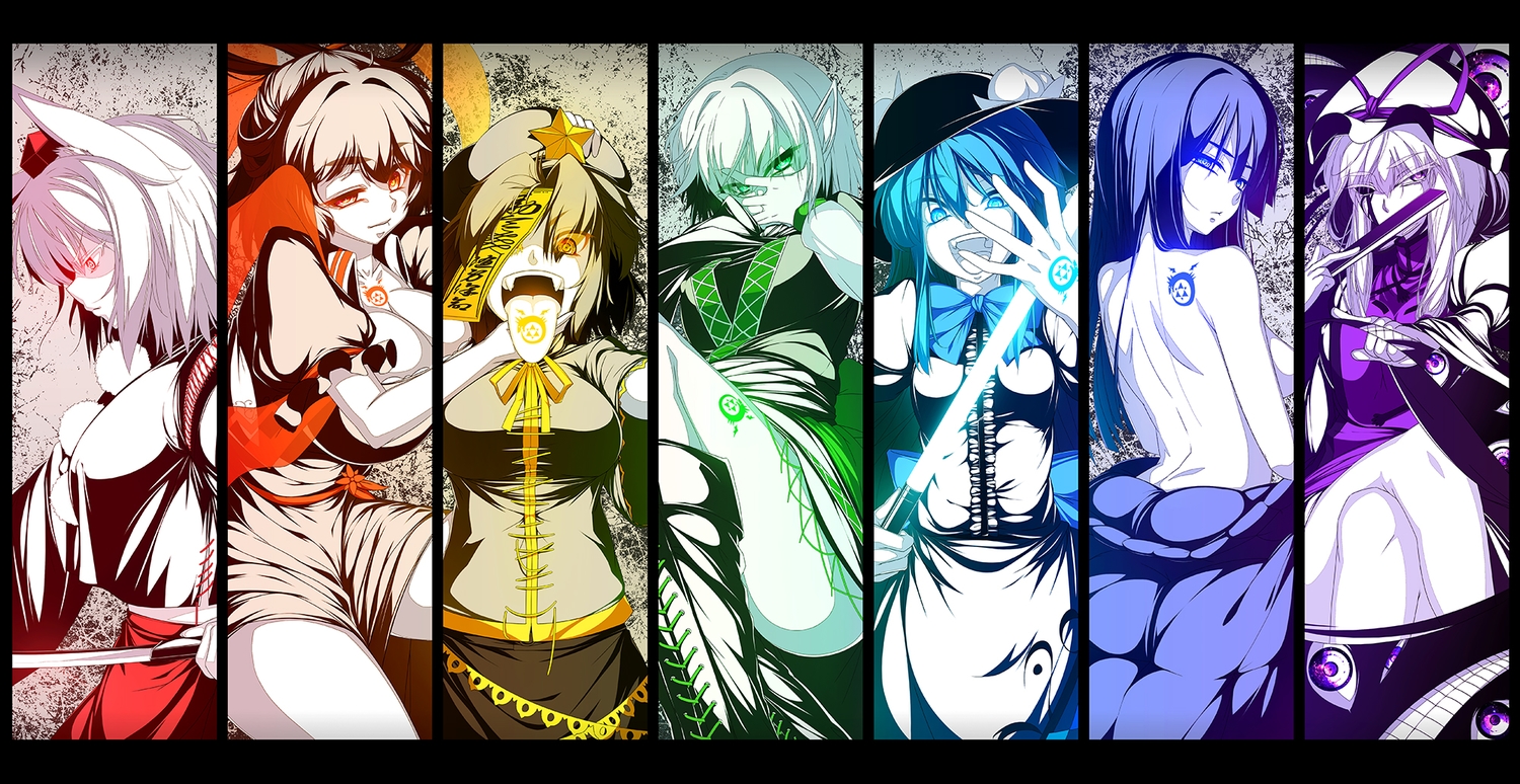 animal_ears, blue_eyes, blue_hair, boots, bow, crossover, fullmetal_alchemist, green_eyes, group, hat, hinanawi_tenshi, houraisan_kaguya, inubashiri_momiji, kaku_seiga, long_hair, miyako_yoshika, mizuhashi_parsee, orange_eyes, pointed_ears, purple_eyes, red_eyes, red_hair, rukitsura, short_hair, sword, tattoo, topless, touhou, weapon, white_hair, wolfgirl, yakumo_yukari, yellow_eyes