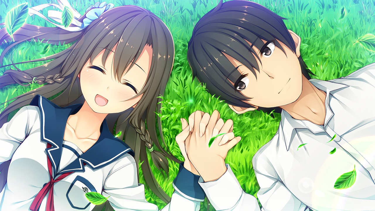 black_eyes, black_hair, braids, brown_hair, game_cg, grass, green, kazafuki_kutaro
