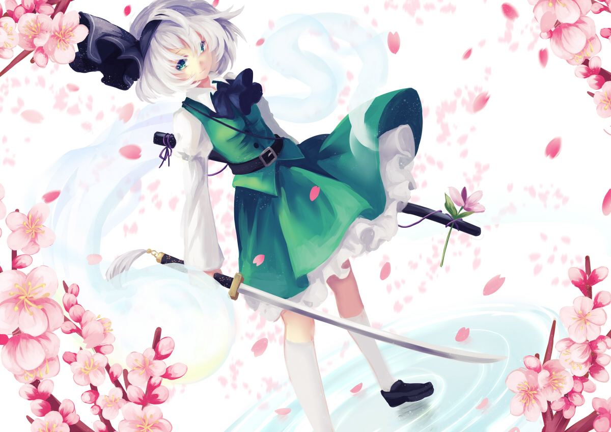 cherry_blossoms, flowers, green_eyes, headband, katana, kneehighs, konpaku_youmu, ling_(vivianling)