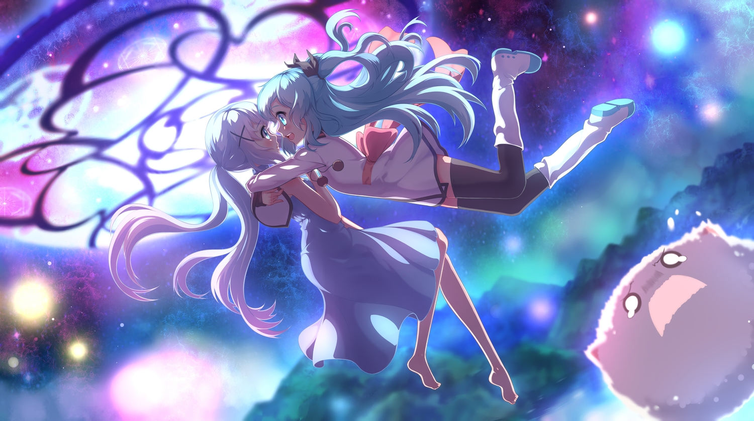 2girls, animal, aqua_eyes, aqua_hair, blue_eyes, boots, bow, dress, gochuumon_wa_usagi_desu_ka?, kafuu_chino, long_hair, magic, night, noel_(sora_no_method), ponytail, rabbit, senba_hikari, sora_no_method, thighhighs, tippy_(gochiusa), twintails, white_hair, zettai_ryouiki