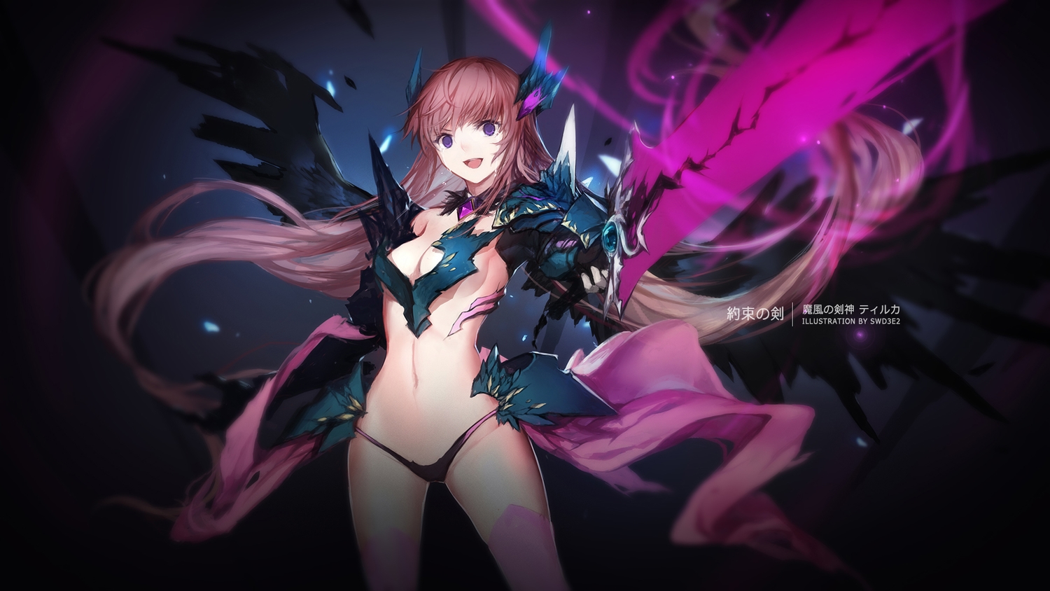 armor, breasts, cleavage, long_hair, navel, panties, purple_eyes, red_hair