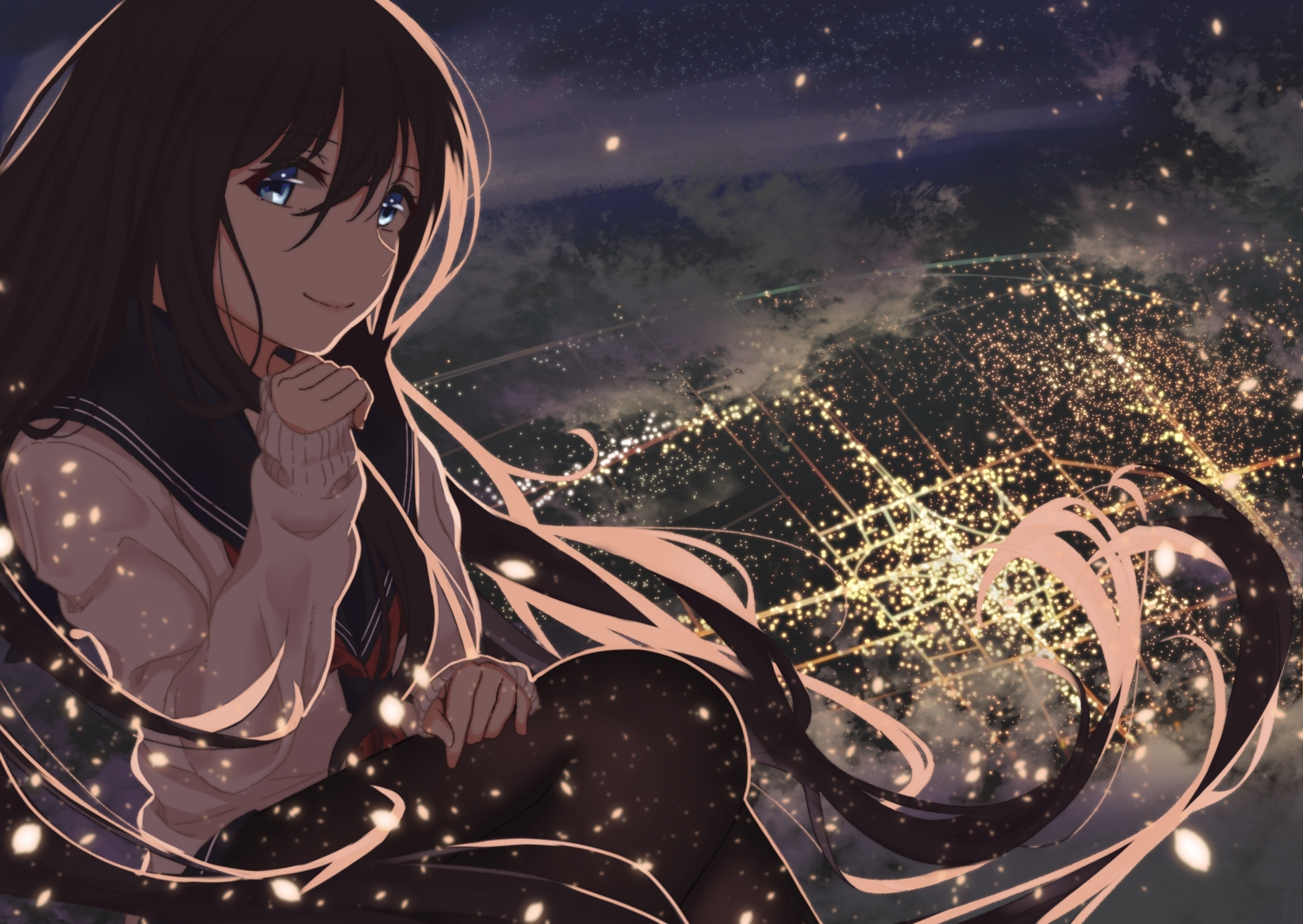 blue_eyes, brown_hair, building, city, long_hair, night, original, pantyhose