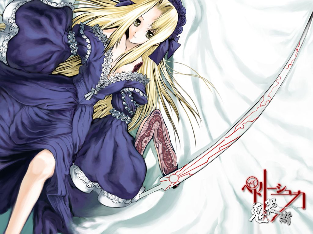 blonde_hair, green_eyes, kikokugai, lolita_fashion, nitroplus, petrushka_(kikokugai), sword, weapon