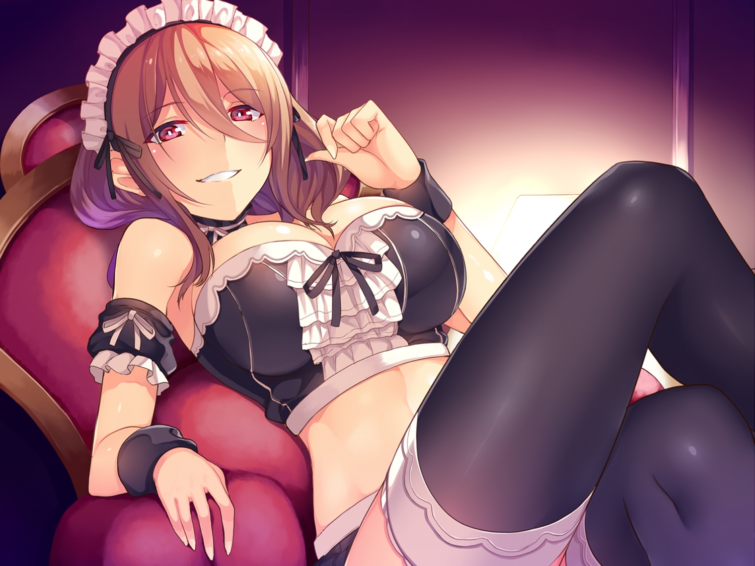 breasts, brown_hair, cleavage, headdress, horosuke_(toot08), long_hair, maid, original, red_eyes, thighhighs, wristwear