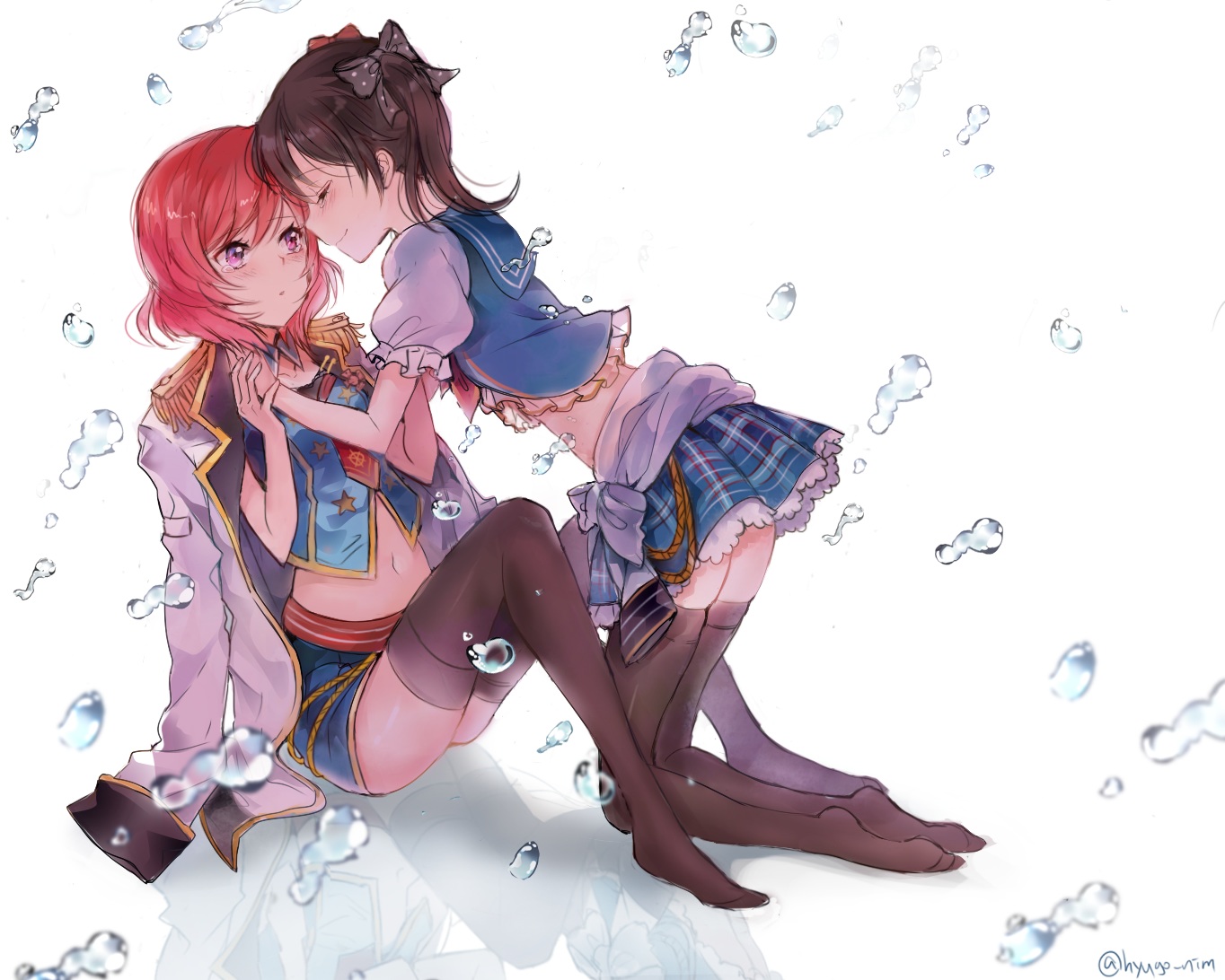 2girls, black_hair, blush, bubbles, cropped, hyugo, love_live!_school_idol_project, navel