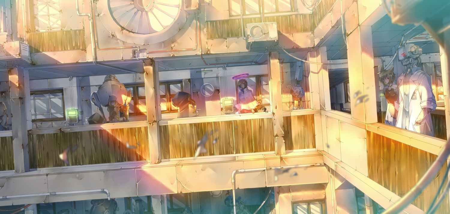 animal_ears, building, halo, original, robot, scenic, sinlaire