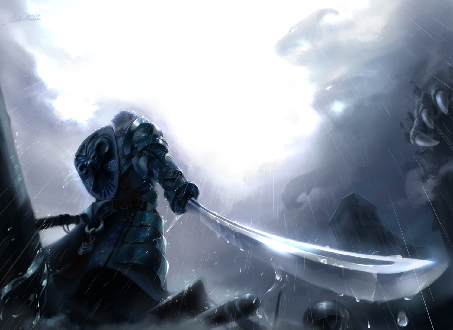 all_male, armor, clouds, huykho192, male, monochrome, original, rain