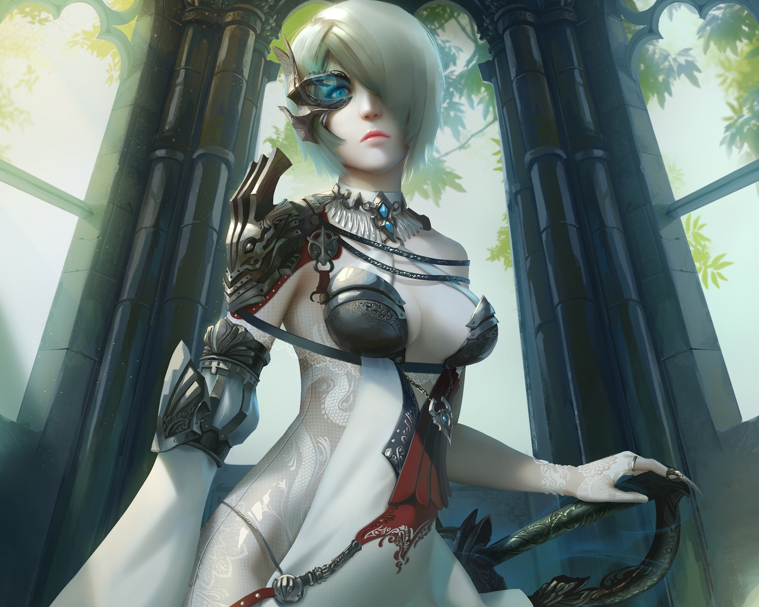 blue_eyes, breasts, cropped, huykho192, original, realistic, short_hair, white_hair