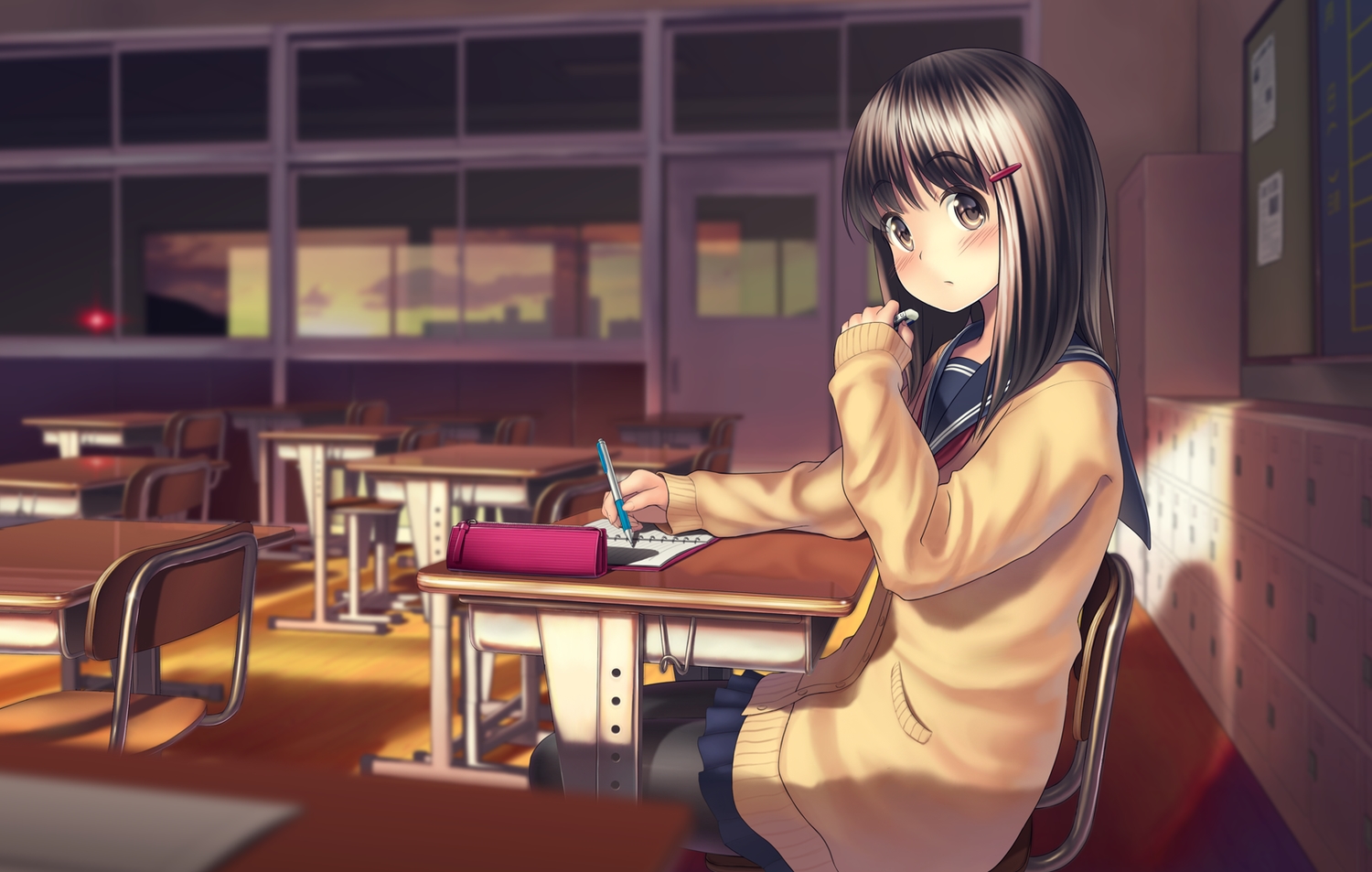 blush, book, brown_eyes, brown_hair, original, pantyhose, sarekoube, school_uniform, sunset
