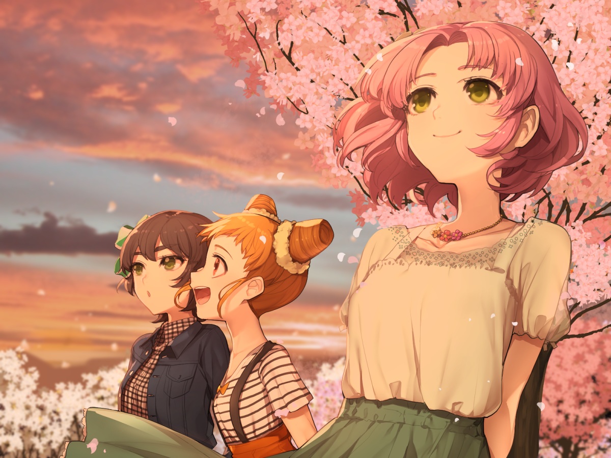 aikatsu!, arisugawa_otome, brown_hair, cherry_blossoms, clouds, flowers, green_eyes, hitoto, kamiya_yoshito, kitaooji_sakura, necklace, orange_hair, petals, pink_hair, red_eyes, short_hair, skirt, sky, sunset, tree