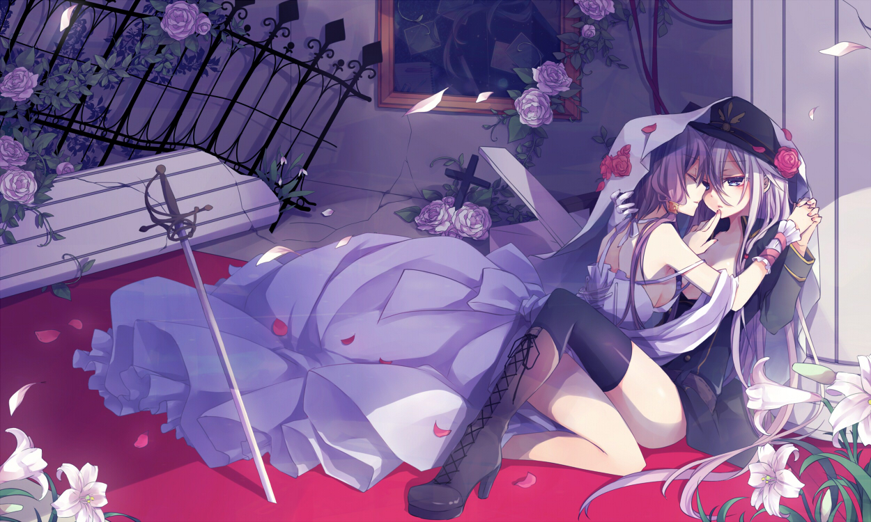2girls, boots, dress, flowers, hat, ia, kuroi_(liar-player), petals