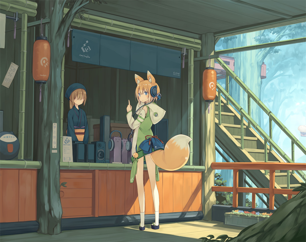 animal_ears, blonde_hair, blue_eyes, brown_hair, foxgirl, headphones, hood, japanese_clothes