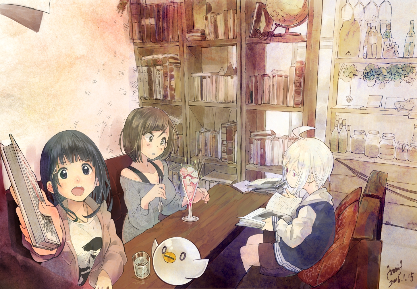 aliasing, aronia, black_hair, book, brown_hair, drink, food, hood, ice_cream, original, short_hair, signed, white_hair