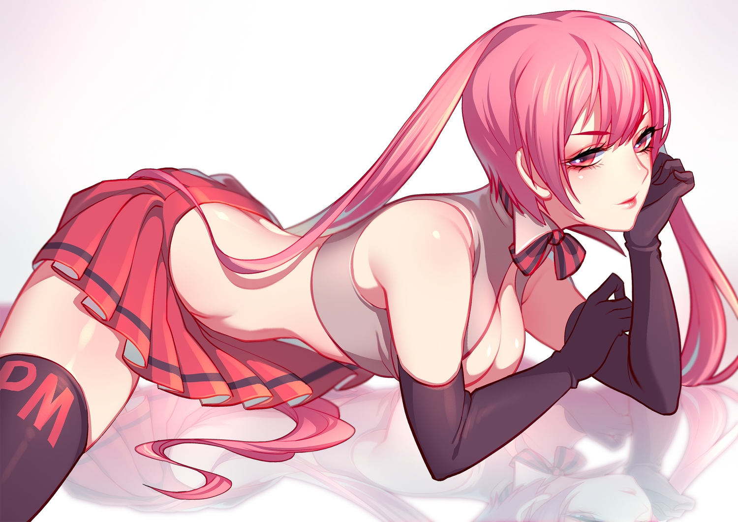 bow, breasts, cleavage, elbow_gloves, gloves, hatsune_miku, long_hair, pink_eyes, pink_hair, quuni, skirt, thighhighs, twintails, vocaloid, zettai_ryouiki